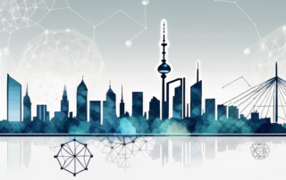 The frankfurt skyline with a highlighted cbd (cannabidiol) molecule structure hovering above it