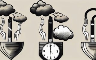A cigarette with smoke forming various shapes symbolizing common symptoms of nicotine addiction such as a ticking clock (implying cravings)