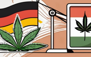A scale balancing a cannabis leaf on one side and the german flag on the other
