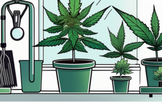 A thriving cannabis plant in a well-maintained indoor grow room with a variety of gardening tools nearby