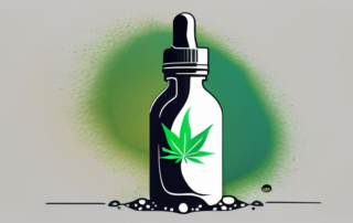 A dropper bottle of hemp oil with a few drops falling into a glowing silhouette of a human body
