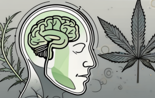 A cannabis leaf entangled in a brain