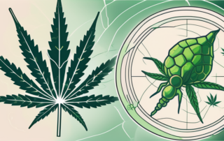 A cannabis leaf juxtaposed with a symbolic representation of cancer