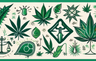 A cannabis leaf surrounded by various symbols representing its effects and uses