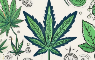 A cannabis leaf with various symbols like a brain