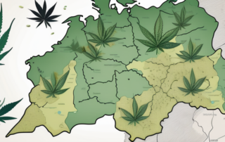 A variety of cannabis seeds spread on a map of germany