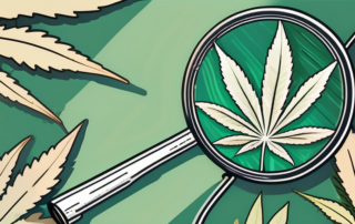 A magnifying glass hovering over a cannabis leaf
