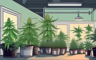 A small indoor garden with different stages of cannabis plants growing under specialized lights