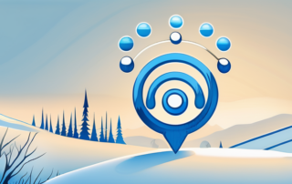 A blue wifi symbol nestled in a snowy winter landscape