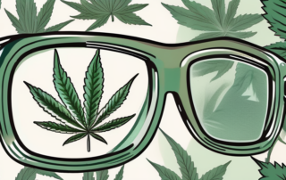 A cannabis plant with magnifying glasses focusing on different parts of the plant
