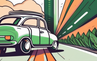 A car on a road with a cannabis leaf symbol in the background and a gauge showing a limit level