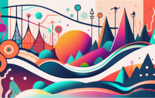 A psychedelic landscape with vibrant colors and abstract shapes