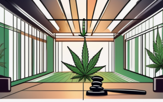 A hemp plant growing in a controlled environment with a gavel nearby