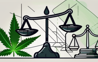 A balanced scale with a cannabis leaf on one side and a legal gavel on the other