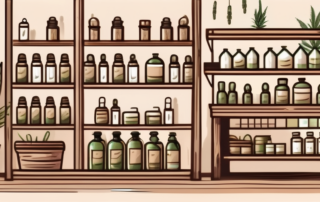 A rustic apothecary shop with various hemp products such as oils