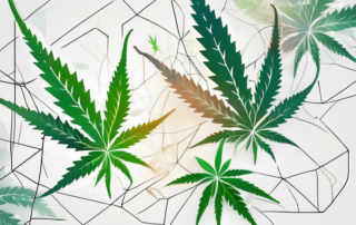 A cannabis leaf with molecular structures representing thc (tetrahydrocannabinol) floating around it