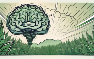 A brain enveloped in cannabis leaves