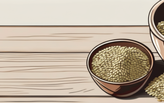 A variety of hemp seeds spread out on a rustic wooden table