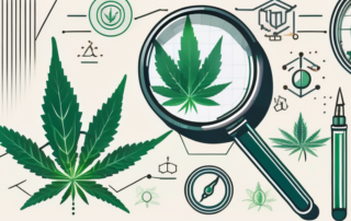 A cannabis leaf in the center of a magnifying glass