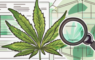 A cannabis leaf in the center with a magnifying glass over it