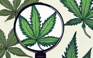 A cannabis plant with a magnifying glass focusing on its leaves