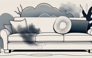 A cloud of smoke enveloping various everyday objects such as furniture and plants
