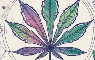 A cannabis leaf with various abstract symbols surrounding it
