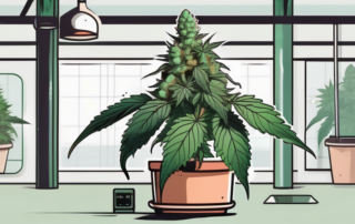 An indoor cannabis plant with a scale next to it