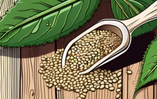 Various types of hemp seeds scattered on a rustic wooden table
