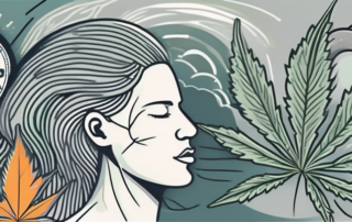 A cannabis leaf interacting with symbolic representations of pain