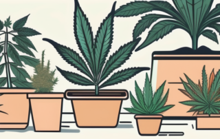 Various types of cannabis plants in a serene garden setting