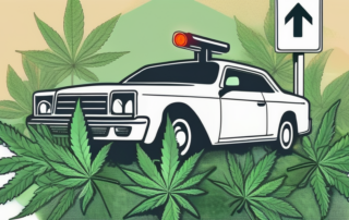 A car on a road with cannabis leaves floating in the air