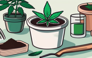 A cannabis seedling growing in a small pot