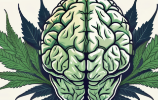 A cannabis leaf intertwined with a brain