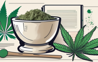 A mortar and pestle with cannabis flowers next to it