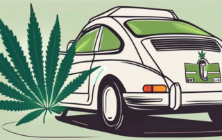 A car on a german road with a cannabis leaf symbol in the background