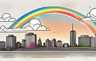 A cloud floating high above a city skyline