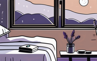 A tranquil bedroom scene with a bottle of sleeping pills on a nightstand