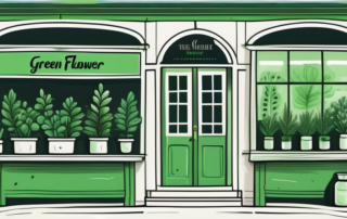 A vibrant green flower blooming in front of an old-fashioned apothecary shop