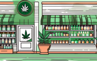 A pharmacy storefront with a cannabis leaf symbol on the window and stacks of cannabis products displayed inside