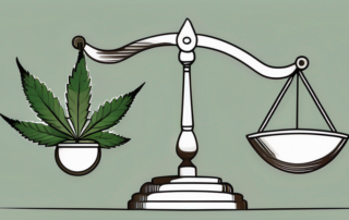 A balanced scale with cannabis leaves on one side and a gavel on the other