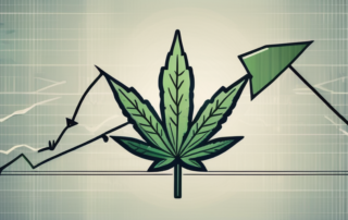 A cannabis leaf with a rising arrow in the background