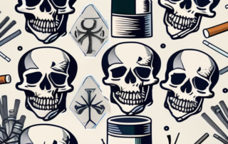 A pack of cigarettes surrounded by various symbols of illness such as a skull
