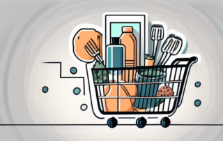 A shopping cart filled with various goods like food