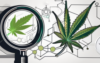 A magnifying glass zooming in on a cannabis leaf