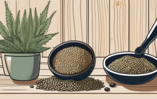 A diverse collection of hemp seeds carefully arranged on a rustic wooden table