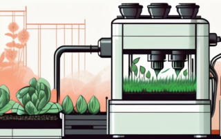 Various seeds being planted automatically by a sophisticated machine in a lush garden