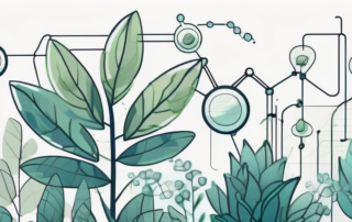A gibberellin molecule structure with a backdrop of various plants