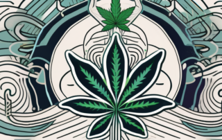 A cannabis plant intertwined with a symbol of the brain