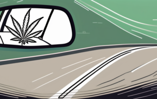A car on a road with a cannabis leaf in the rearview mirror